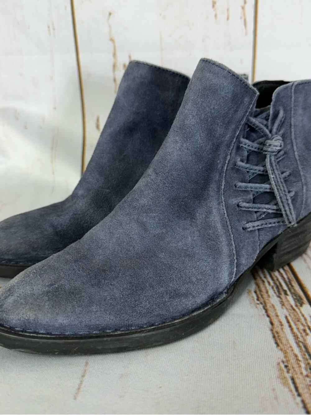 Born Bessie, Blue Suede Women's Ankle Booties with Side Lace Detail. Size 6.5M.